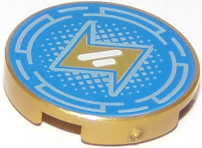 LEGO 14769pb220 Tile, Round 2 x 2 with Bottom Stud Holder with Gold Lightning Bolt and Metallic Light Blue Broken Circles and Dots on Blue Background Pattern - Main Product Image