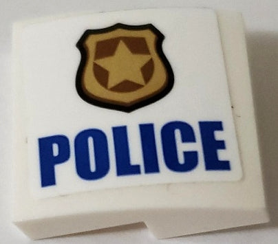 LEGO 15068pb413L Slope, Curved 2 x 2 x 2/3 with Gold Badge and Blue 'POLICE' Pattern Model Left Side (Sticker) - Set 60140 - Main Product Image