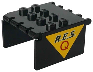 LEGO 2337pb01 Windscreen 4 x 4 x 2 Canopy Extender with 'R.E.S.' and Red 'Q' on Yellow Triangle Pattern on Both Sides (Stickers) - Set 6445 - Main Product Image