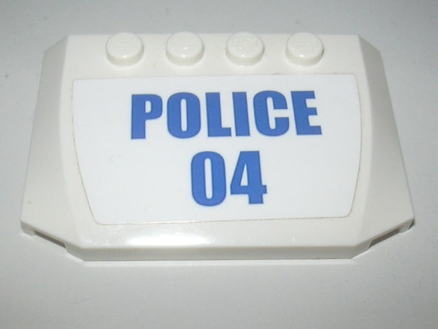 LEGO 52031pb133 Wedge 4 x 6 x 2/3 Triple Curved with Blue 'POLICE' and '04' on Background Pattern (Sticker) - Set 60139 - Main Product Image