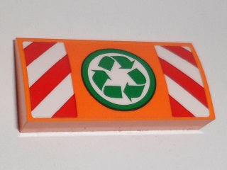 LEGO 88930pb066 Slope, Curved 2 x 4 x 2/3 with Bottom Tubes with Recycling Arrows and Red and White Danger Stripes Pattern (Sticker) - Set 60118 - Main Product Image