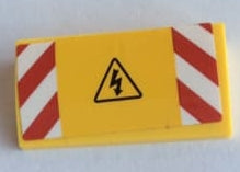 LEGO 88930pb136 Slope, Curved 2 x 4 x 2/3 with Bottom Tubes with Red and White Danger Stripes and Electricity Danger Triangle Pattern (Sticker) - Set 60132 - Main Product Image