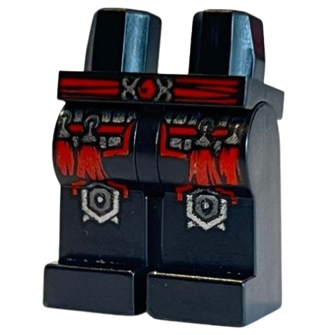 LEGO 970c00pb0222 Hips and Legs with Red Sash Belt, Silver Thigh Armor with Trim and Tassels, Dark Silver Spiked Knee Pads Pattern - Main Product Image