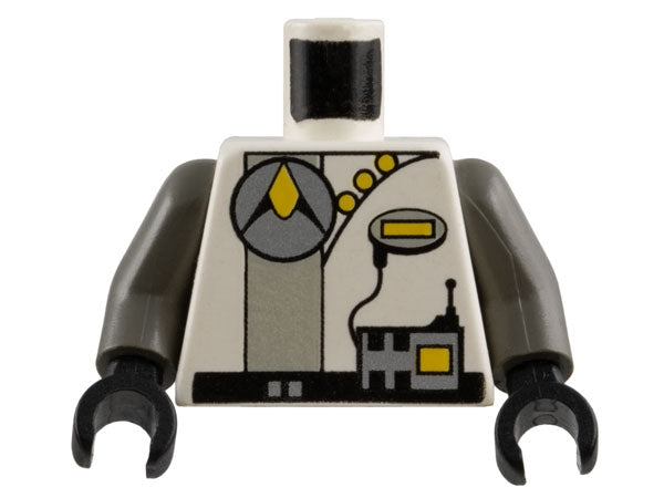 LEGO 973pb0004c01 Torso Space Exploriens Silver Circle Logo and Radio, Light Gray Stripe, Yellow Buttons, Black Belt Pattern / Dark Gray Arms / Black Hands - Main Product Image