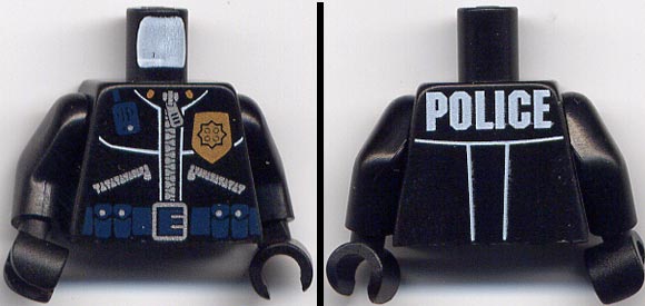 LEGO 973pb0289c01 Torso Police Leather Jacket, Gold Badge, Radio, Ammo Belt, Police Pattern on Back / Arms / Hands - Main Product Image