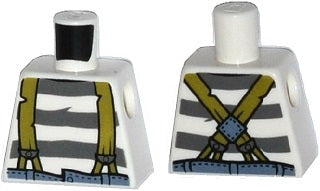 LEGO 973pb1909 Torso Town Prisoner Olive Green Suspenders over Shirt with Dark Bluish Gray Prison Stripes Pattern - Main Product Image