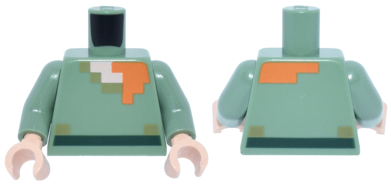 LEGO 973pb2186c01 Torso Pixelated Shirt with Olive Green Collar and Dark Green Belt, Light Nougat Neck, Orange Hair Pattern / Arms / Light Nougat Hands - Main Product Image