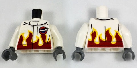 LEGO 973pb2472c01 Torso Racing Jacket with Flames and Aviation Airshow Logo Pattern / Arms / Dark Bluish Gray Hands - Main Product Image