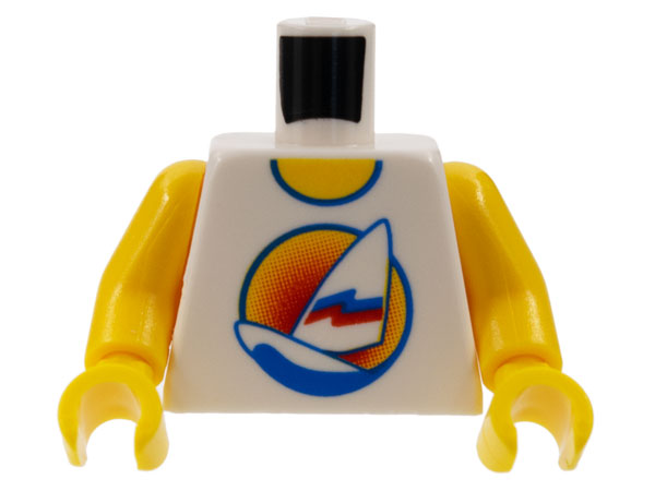 LEGO 973px126newc01 Torso Shirt with Long Surfboard with Sail on Blue Water in Circle Sunset Logo, Yellow Neck Pattern, Inside with Ribs (Reissue) / Yellow Arms / Yellow Hands - Main Product Image
