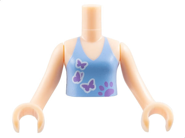 LEGO FTGpb073c01 Torso Mini Doll Girl Medium Blue Halter Top with Medium Lavender Paw Print and 3 Butterflies Pattern, Arms with Hands - Main Product Image