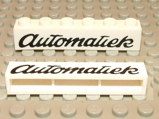 LEGO crssprt02pb06 Brick 1 x 6 without Bottom Tubes with Cross Side Supports with Black 'Automatiek' Script Pattern - Main Product Image