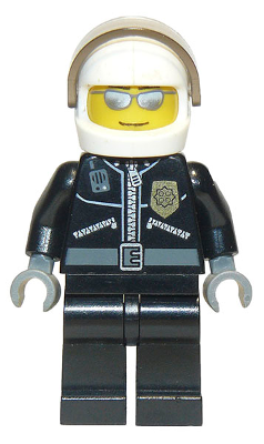 LEGO Minifigure cty0027a - Police - City Leather Jacket with Gold Badge and 'POLICE' on Back, White Helmet, Trans-Brown Visor, Silver Sunglasses - Authentic LEGO Minifigure Main Image