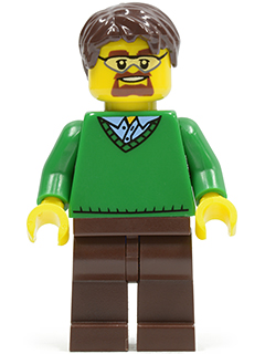 LEGO Minifigure cty0352 - Green V-Neck Sweater, Dark Brown Legs, Dark Brown Short Tousled Hair, Safety Goggles - Authentic LEGO Minifigure Main Image