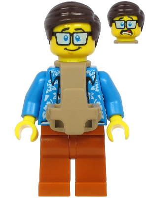 LEGO Minifigure cty1185 - Plane Passenger - Male, Dark Brown Hair, Dark Azure Hawaiian Shirt, Dark Orange Legs, Baby Carrier - Authentic LEGO Minifigure Main Image