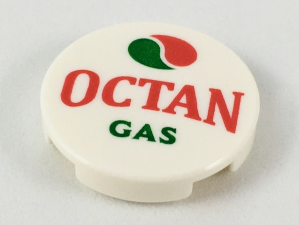 LEGO 14769pb243 Tile, Round 2 x 2 with Bottom Stud Holder with Octan Logo and 'OCTAN GAS' Pattern - Main Product Image