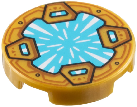 LEGO 14769pb722 Tile, Round 2 x 2 with Bottom Stud Holder with Medium Azure Crystal with White Radiating Reflections, Clasps with Dark Orange Shapes Pattern - Main Product Image