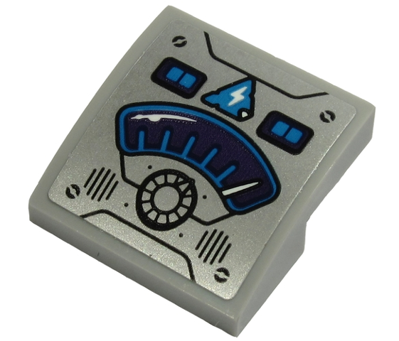LEGO 15068pb236 Slope, Curved 2 x 2 x 2/3 with Control Panel with Dark Purple Gauge, White Lightning Bolt on Triangle, Knob and Lights Pattern (Sticker) - Sets 70427 / 70430 / 70431 / 70432 - Main Product Image