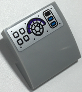 LEGO 15068pb355 Slope, Curved 2 x 2 x 2/3 with Black and Dark Azure Buttons, Dial, and Rivets on Silver Background Pattern (Sticker) - Set 70424 - Main Product Image
