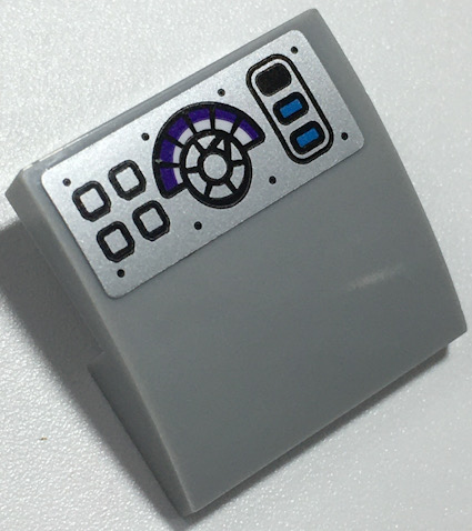 LEGO 15068pb355 Slope, Curved 2 x 2 x 2/3 with Black and Dark Azure Buttons, Dial, and Rivets on Silver Background Pattern (Sticker) - Set 70424 - Main Product Image