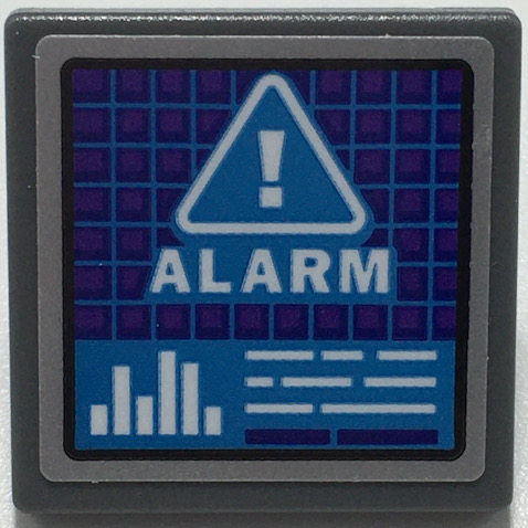 LEGO 15210pb106 Road Sign 2 x 2 Square with Open O Clip with Dark Purple Screen with Dark Azure Grid, White Warning Triangle, 'ALARM', and Bar Graph Pattern (Sticker) - Set 70424 - Main Product Image