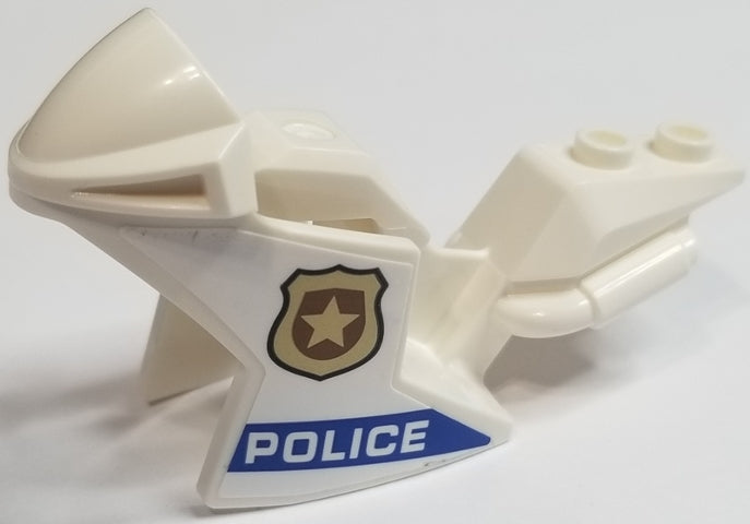 LEGO 18895pb15 Motorcycle Fairing, Racing (Sport) Bike with Gold Badge and &#39;POLICE&#39; on Blue Stripe Pattern on Both Sides (Stickers) - Sets 60208 / 60210 / 60233 - Main Product Image