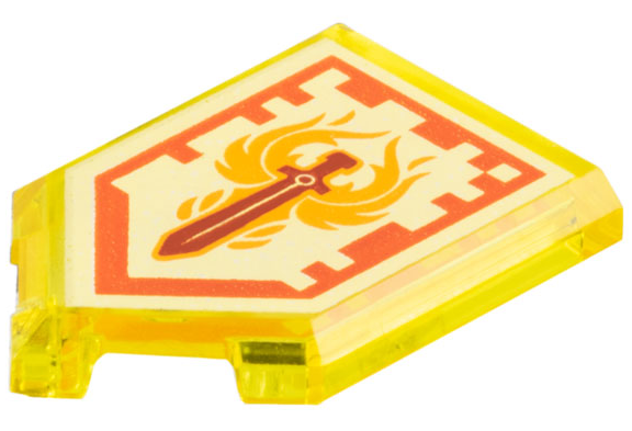 LEGO 22385pb011 Tile, Modified 2 x 3 Pentagonal with Nexo Power Shield Pattern - Phoenix Blaze - Main Product Image