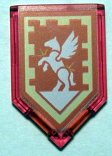LEGO 22385pb083 Tile, Modified 2 x 3 Pentagonal with Nexo Power Shield Pattern - Silver Pegasus - Main Product Image