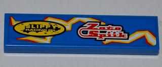 LEGO 2431pb0175R Tile 1 x 4 with &#39;Zoto Spiik&#39; and &#39;SLIPPY RACING OIL&#39; over Electric Spark Pattern Model Right Side (Sticker) - Set 8303 - Main Product Image