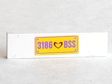 LEGO 2431pb0304 Tile 1 x 4 with Dark Red Heart and Medium Lavender '3186 BSS' on Yellow Background Pattern (Sticker) - Set 3186 - Main Product Image