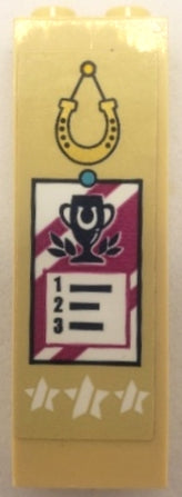 LEGO 2454pb248 Brick 1 x 2 x 5 with Gold Hanging Horseshoe, White Stars and Magenta Results Poster with Black Trophy and Number 1, 2 and 3 Pattern (Sticker) - Set 41367 - Main Product Image