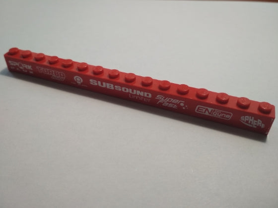 LEGO 2465pb23R Brick 1 x 16 with 'SPARK PLUX', 'TURBO load', 'car glass', 'SUBSOUND Limiter', 'Super Fast', 'ENgyne' and 'SPHERE' Pattern (Sticker) - Set 8184 - Main Product Image