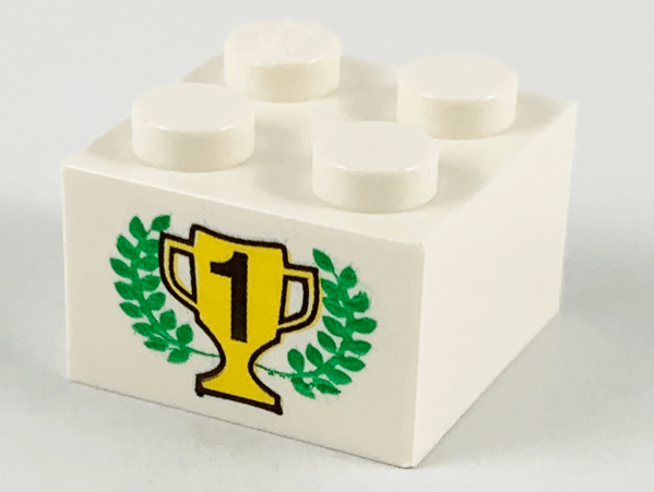 LEGO 3003px2 Brick 2 x 2 with Black Number 1 on Yellow Trophy Cup, Green Laurels Pattern - Main Product Image
