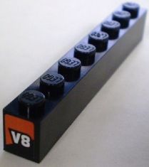 LEGO 3008pb115 Brick 1 x 8 with 'V8' and Orange Slope Pattern on Both Ends (Stickers) - Set 8898 - Main Product Image