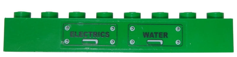 LEGO 3008pb122 Brick 1 x 8 with Black 'ELECTRICS' and 'WATER' Panels Pattern (Sticker) - Set 7898 - Main Product Image