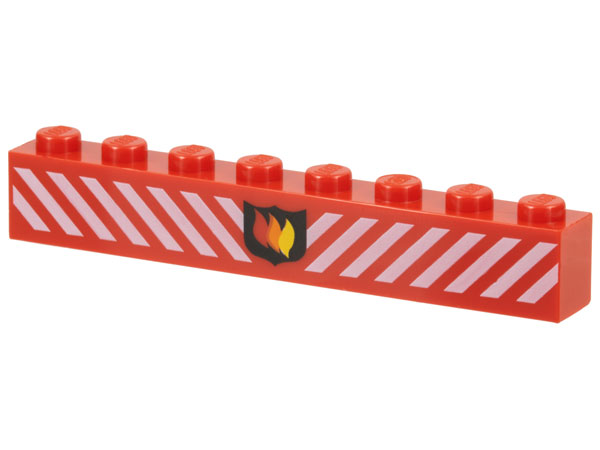 LEGO 3008px7 Brick 1 x 8 with Fire Logo Badge and White Danger Stripes Pattern - Main Product Image