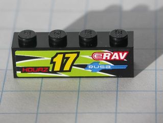 LEGO 3010pb113R Brick 1 x 4 with Yellow '17' and Red 'HOURZ' and 'eRAV' and 'RUSA' and  and Lime Flames Pattern Model Right side (Sticker) - Set 8119 - Main Product Image