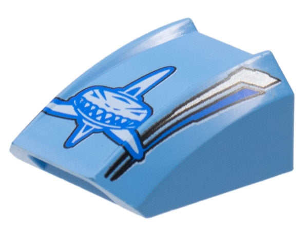 LEGO 30602pb001 Slope, Curved 2 x 2 Lip with Blue and White Shark, Angled Silver Stripes Pattern - Main Product Image