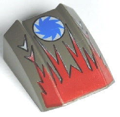 LEGO 30602pb012 Slope, Curved 2 x 2 Lip with Red Flames, Blue Saw Blade on White Circle Pattern - Main Product Image