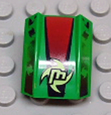 LEGO 30602pb024 Slope, Curved 2 x 2 Lip with Neon  Stylized Letter M and Swirl on Black and Red Stripe Pattern - Main Product Image