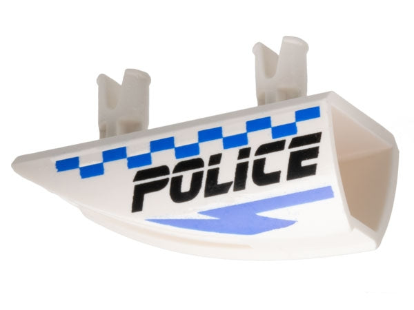 LEGO 30647pb01 Vehicle, Fairing 1 x 4 Side Flaring Intake with 2 Pins with Black 'POLICE', Blue Lightning Bolt, and Checkered Pattern Model Left Side - Main Product Image