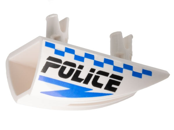 LEGO 30647pb02 Vehicle, Fairing 1 x 4 Side Flaring Intake with 2 Pins with Black 'POLICE', Blue Lightning Bolt, and Checkered Pattern Model Right Side - Main Product Image