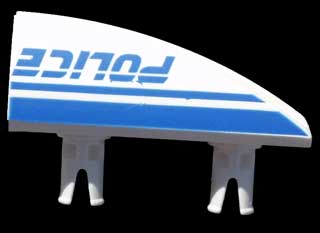 LEGO 30647pb07 Vehicle, Fairing 1 x 4 Side Flaring Intake with 2 Pins with Blue &#39;POLICE&#39; and Stripes Pattern Left - Main Product Image