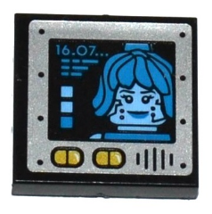 LEGO 3068pb1041 Tile 2 x 2 with '16.07...' and Dark Azure Female Minifigure Head on Screen, Speaker Grille and Yellow Buttons Pattern (Sticker) - Set 70588 - Main Product Image