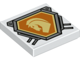 LEGO 3068pb1076 Tile 2 x 2 with Bright Light Yellow Horse Head on Orange Hexagonal Shield with Silver Border Pattern - Main Product Image