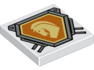 LEGO 3068pb1076 Tile 2 x 2 with Bright Light Yellow Horse Head on Orange Hexagonal Shield with Silver Border Pattern - Main Product Image