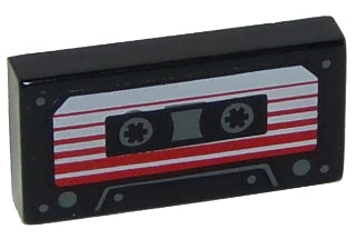 LEGO 3069pb0631 Tile 1 x 2 with Audio Cassette, White Label with Red Stripes Pattern - Main Product Image