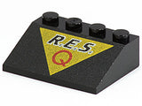 LEGO 3297px15 Slope 33 3 x 4 with 'R.E.S.' and Red Capital Letter Q on Yellow Triangle Pattern - Main Product Image