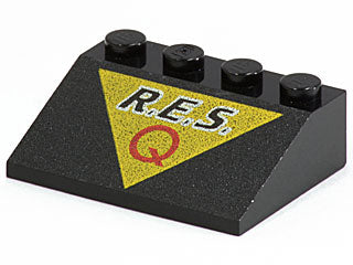 LEGO 3297px15 Slope 33 3 x 4 with 'R.E.S.' and Red Capital Letter Q on Yellow Triangle Pattern - Main Product Image