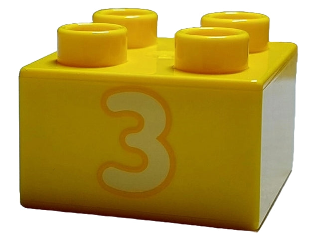 LEGO 3437pb102 Duplo, Brick 2 x 2 with Bright Light  Number 3 with Bright Light Orange Outline Pattern - Main Product Image