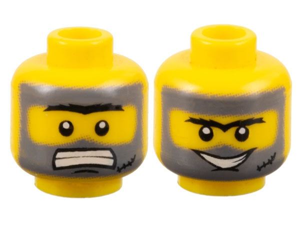 LEGO 3626pb0359 Minifigure, Head Dual Sided Black Bushy Unibrow, Chin Dimple, Scar, Dark Bluish Gray Dirt Stains, Clenched Teeth / Open Mouth Smile Pattern - Main Product Image